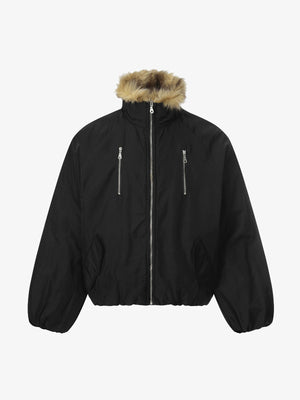 Vintage Zipper Design Fur Stand Collar Bomber Jacket - thumbnail 2