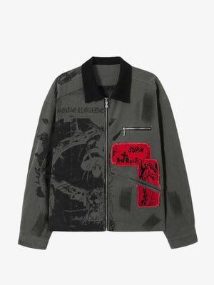 Retro Patchwork And Graphic Print Gothic Zipper Jacket - thumbnail 1