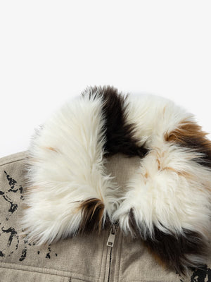 Gothic Letter Print Fur Collar Quilted Cotton Jacket - thumbnail 11