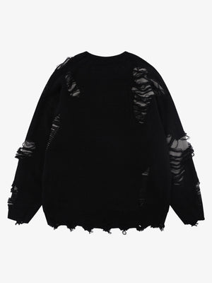 High Street Ripped Raw Edge Knitted Letter Jacquard Sweater - thumbnail 3