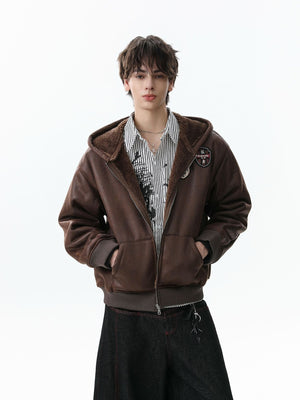 Vintage Leather Badge Fleece-lined Hooded Zip Bomber Jacket - thumbnail 5