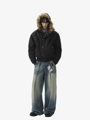 Retro Leopard Print Fur Collar Hooded Padded Jacket - thumbnail 4