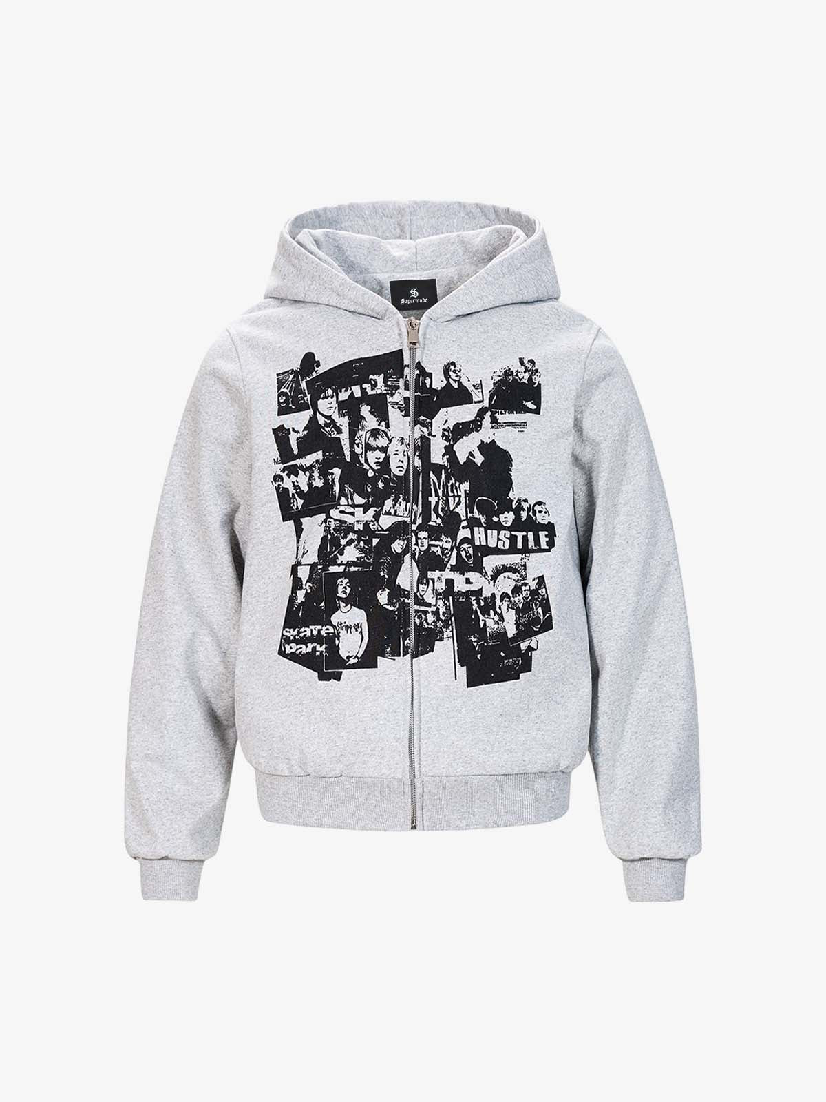 Retro Rock Print Character Zipper Hooded Sweatshirt