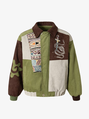 Vintage Jacquard Patchwork Corduroy Lapel Padded Cotton Jacket - thumbnail 1