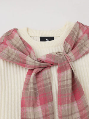 Plaid Scarf Patchwork Contrast Knit Sweater - thumbnail 7