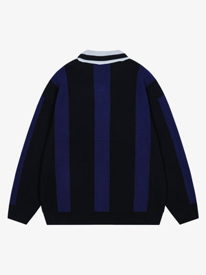 Vertical Striped Colorblock Lapel Sweater - thumbnail 4