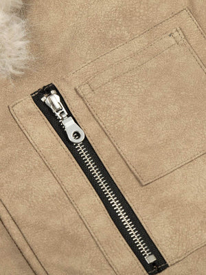 Vintage Fur Collar PU Leather Badge Embroidery Work Jacket - thumbnail 9