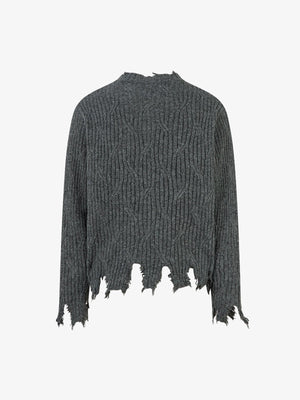 Knitted Distressed Diamond Pattern Raw Edge Sweater - thumbnail 3