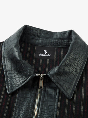 Textured PU Leather Patchwork Retro Stripe Jacket - thumbnail 3