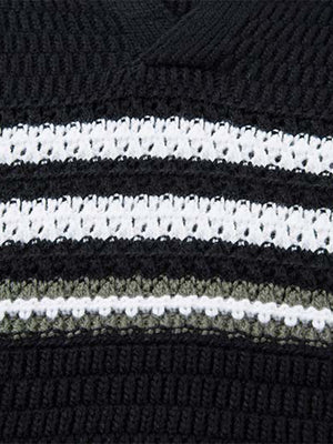 Retro Knitted Lapel V-Neck Contrast Striped Sweater - thumbnail 5