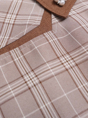 Faux Two-piece Pearl Button Plaid Short-Sleeved Shirt - thumbnail 7