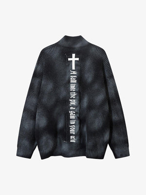 Ribbed Knit Dirty Dyed Embroidery Cross Sweater - thumbnail 6