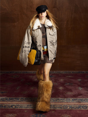 Gothic Letter Print Fur Collar Quilted Cotton Jacket - thumbnail 10