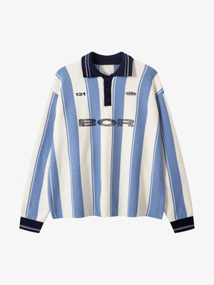 Retro Striped Polo Collar Sports Jersey Knit Sweater - thumbnail 1