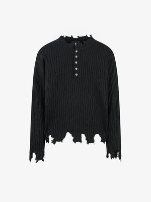 Knitted Distressed Diamond Pattern Raw Edge Sweater - thumbnail 2