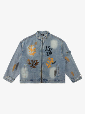 Retro Street Floral Embroidery Washed Zipper Denim Jacket - thumbnail 1