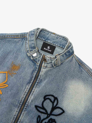 Retro Street Floral Embroidery Washed Zipper Denim Jacket - thumbnail 14