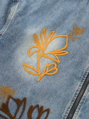 Retro Street Floral Embroidery Washed Zipper Denim Jacket - thumbnail 15