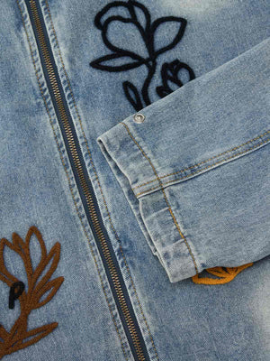 Retro Street Floral Embroidery Washed Zipper Denim Jacket - thumbnail 17