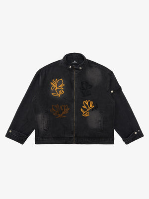 Retro Street Floral Embroidery Washed Zipper Denim Jacket - thumbnail 2