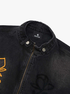 Retro Street Floral Embroidery Washed Zipper Denim Jacket - thumbnail 18