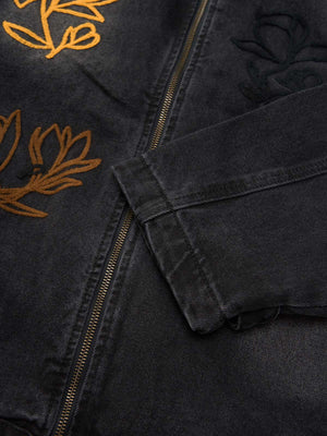 Retro Street Floral Embroidery Washed Zipper Denim Jacket - thumbnail 22