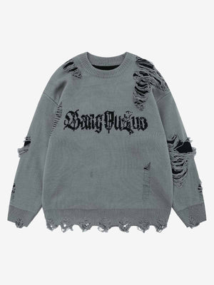High Street Ripped Raw Edge Knitted Letter Jacquard Sweater - thumbnail 2