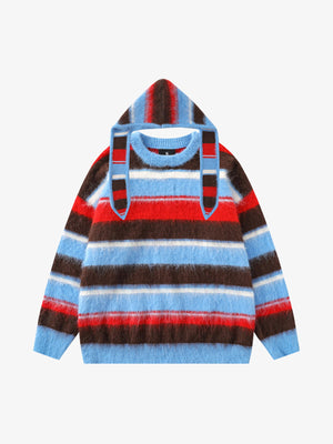 Detachable Hood Contrast Striped Mohair Pullover Sweater - thumbnail 1