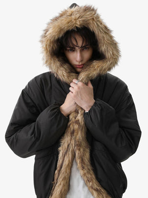 Retro Pleated Fur Hooded Padded Jacket - thumbnail 11