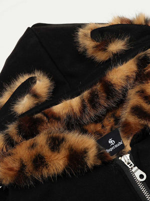Tiger Print With Ears Hooded Fur Jacket - thumbnail 7