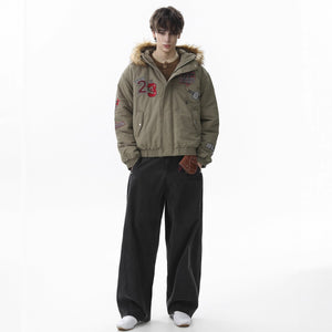 Retro Badge Embroidered Fur Collar Bomber Jacket - thumbnail 4