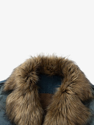 Street Retro Fur Patchwork Washed Denim Cotton Jacket - thumbnail 12