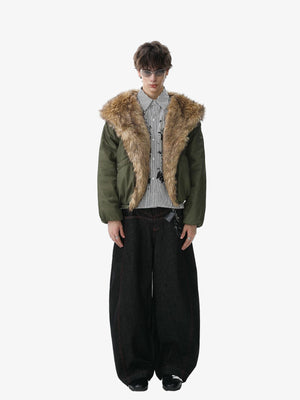 Retro Pleated Fur Hooded Padded Jacket - thumbnail 6