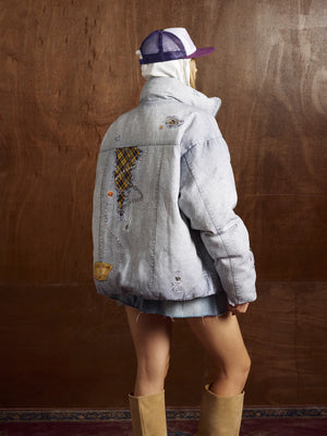 Street Illusion Denim Print Stand Collar Padded Cotton Jacket - thumbnail 5