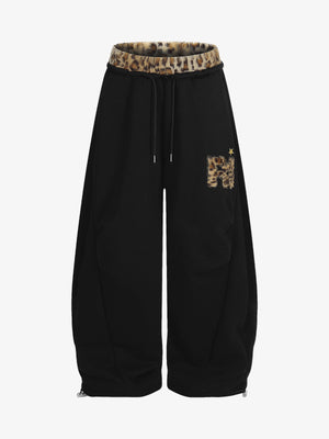 Retro Double-Waist Leopard Patch Barrel Pants - thumbnail 2