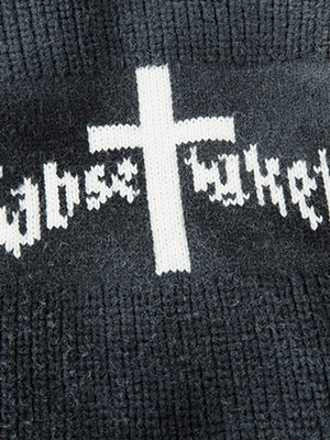 Ribbed Knit Dirty Dyed Embroidery Cross Sweater - thumbnail 11