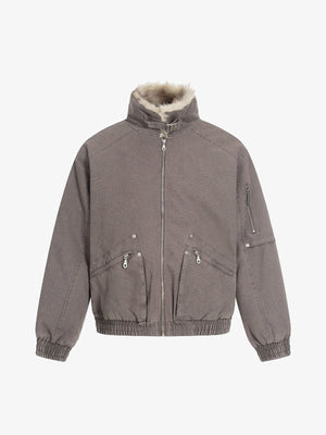 Pocket Zip Up Fur Collar Work Quilted Jacket - thumbnail 2