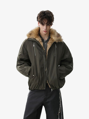Vintage Zipper Design Fur Stand Collar Bomber Jacket - thumbnail 5