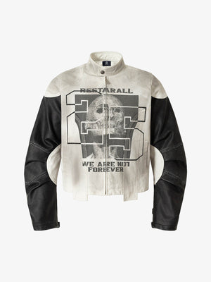 Skull Print Paneled Stand-Up Collar Leather Jacket - thumbnail 1