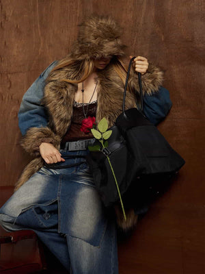 Street Retro Fur Patchwork Washed Denim Cotton Jacket - thumbnail 8