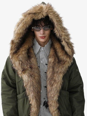 Retro Pleated Fur Hooded Padded Jacket - thumbnail 5