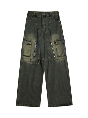 American Distressed Retro Multi pocket Workwear Washed Jeans - thumbnail 1