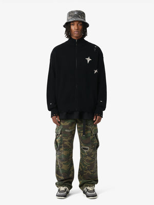 Distressed Ripped-Edge Turtleneck Diamond Star Zipper Knitted Sweater - thumbnail 3