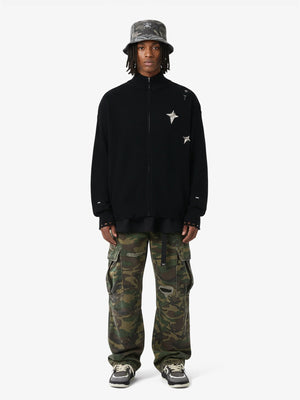 Ripped Camo Cargo Pants with Slight Flare – on model, full front | XoKool