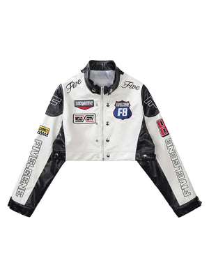 Fuel your streetwear with cosmic flair in the Badge Short PU Leather Racing Jacket. Crafted from durable polyester with a sleek leather-look finish, this jacket features astronaut-inspired patches, reflective stripes, and a zippered front for a futuristic