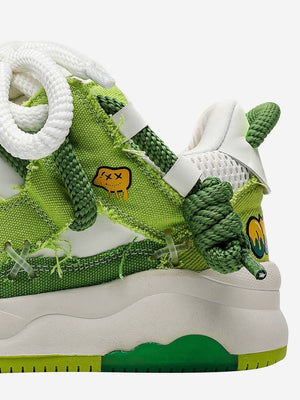 Green Frayed Canvas Sneakers with Rope Laces – heel close-up with smiley patch | XoKool