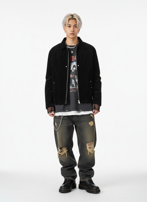 Suede Lapel Deconstructed Patchwork Jacket - thumbnail 10