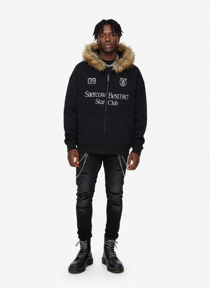Letter Medal Embroidered Cardigan Fur Collar Hooded Sweatshirt - thumbnail 6