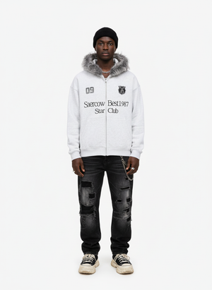 Letter Medal Embroidered Cardigan Fur Collar Hooded Sweatshirt - thumbnail 4