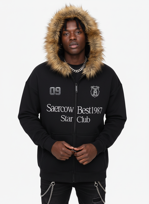 Letter Medal Embroidered Cardigan Fur Collar Hooded Sweatshirt - thumbnail 5